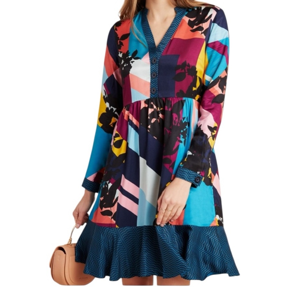 Anthropologie Maeve Gillian Long Sleeve Abstract Mixed Print Shirtdress Sz Small